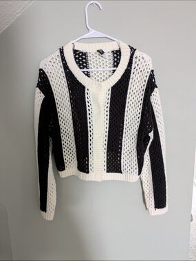 Divided Black and White Open-Knit Button Cardigan